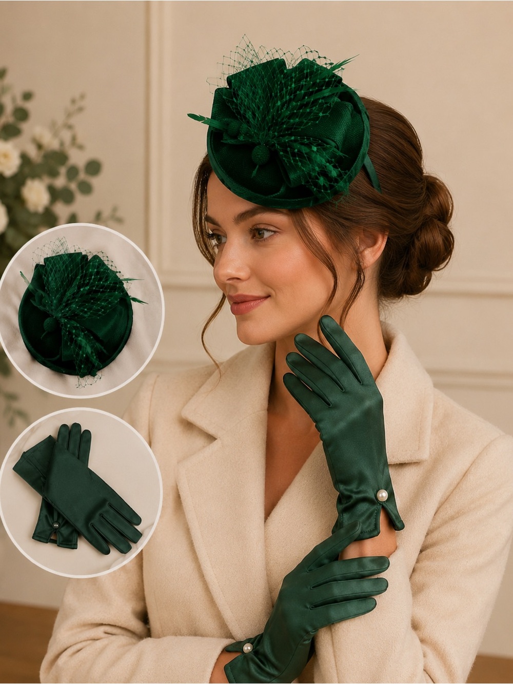 Emerald Green Fascinator Hat & Satin Gloves Set Wedding Derby Church Form